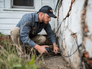 multi pest services termite control carrollton ga a man squatting next to a tree