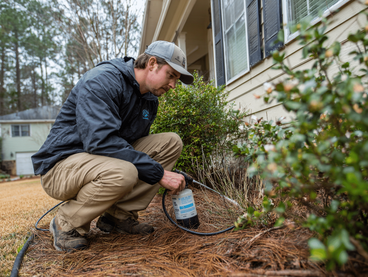 multi pest services termite control carrollton ga a man squatting next to a tree with a water bottle